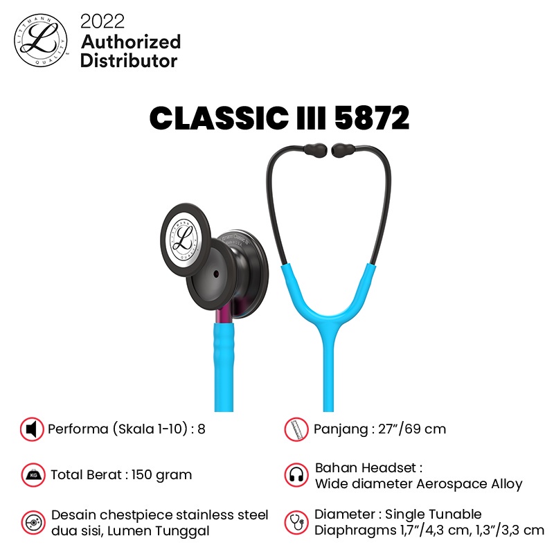 3M Littmann Classic III Stethoscope / Stetoskop Dewasa - TRQ, SMK, PINK STEM - 5872