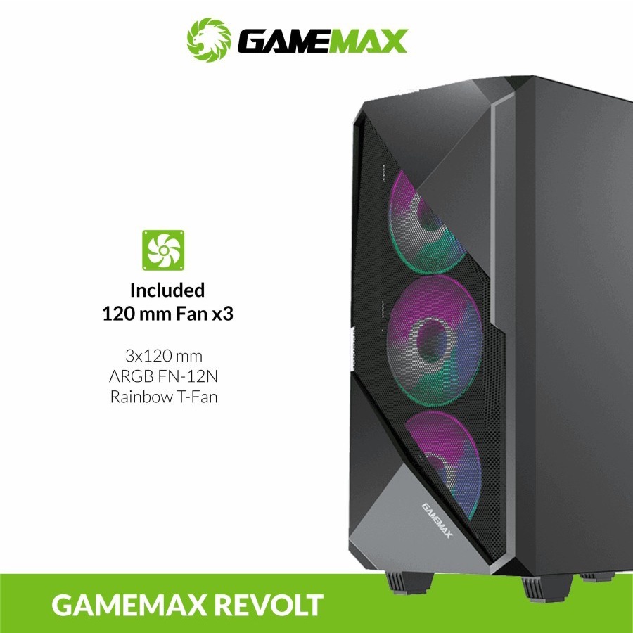 Casing Gamemax Revolt ATX with 3 Fan ARGB Gaming PC Case