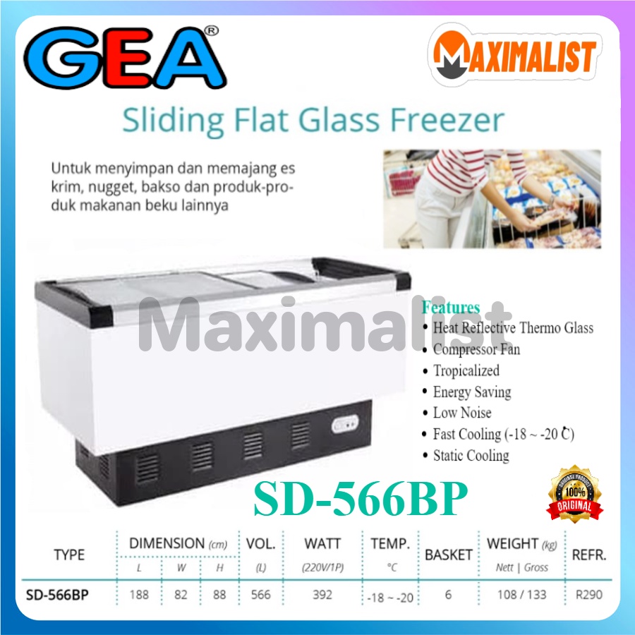 GEA SD-566BP Chest Freezer Sliding Flat Glass Freezer Manual Defrost - Freezer Nugget Frozen Food / Freezer Pembeku Makanan / Box Freezer Pembeku Makanan / Lemari Pembeku