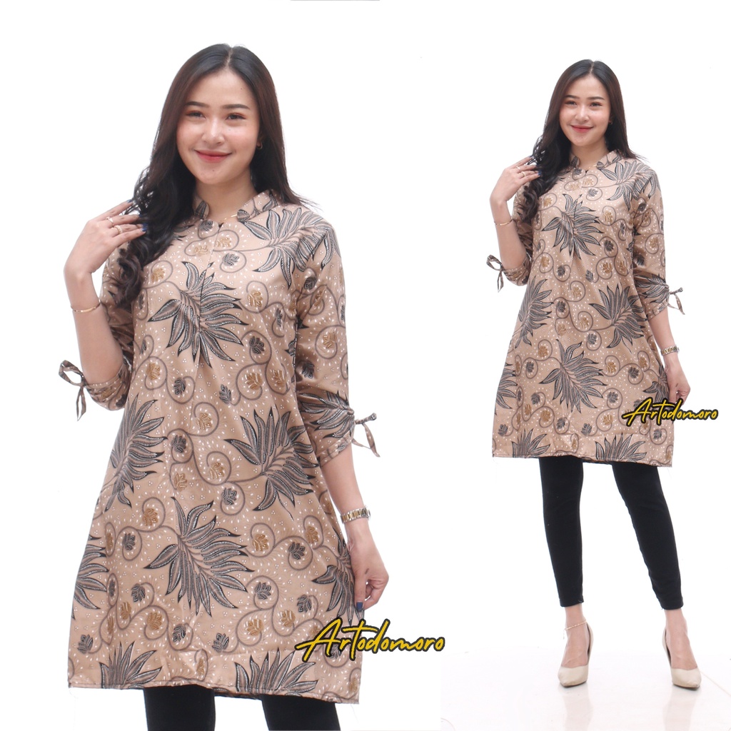 Artodomoro Tunik Batik Wanita Lengan Serut Motif Alam Coklat