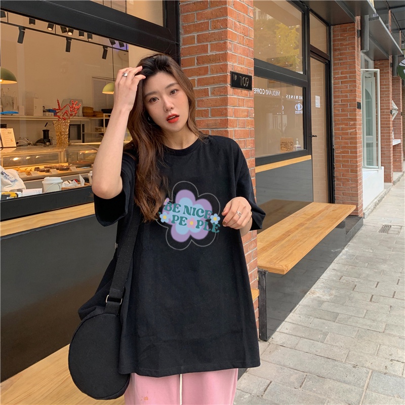 XIAOZHAINV Kaos Atasan Oversize Wanita Flower Alphabet Pattern Lengan Pendek A0423