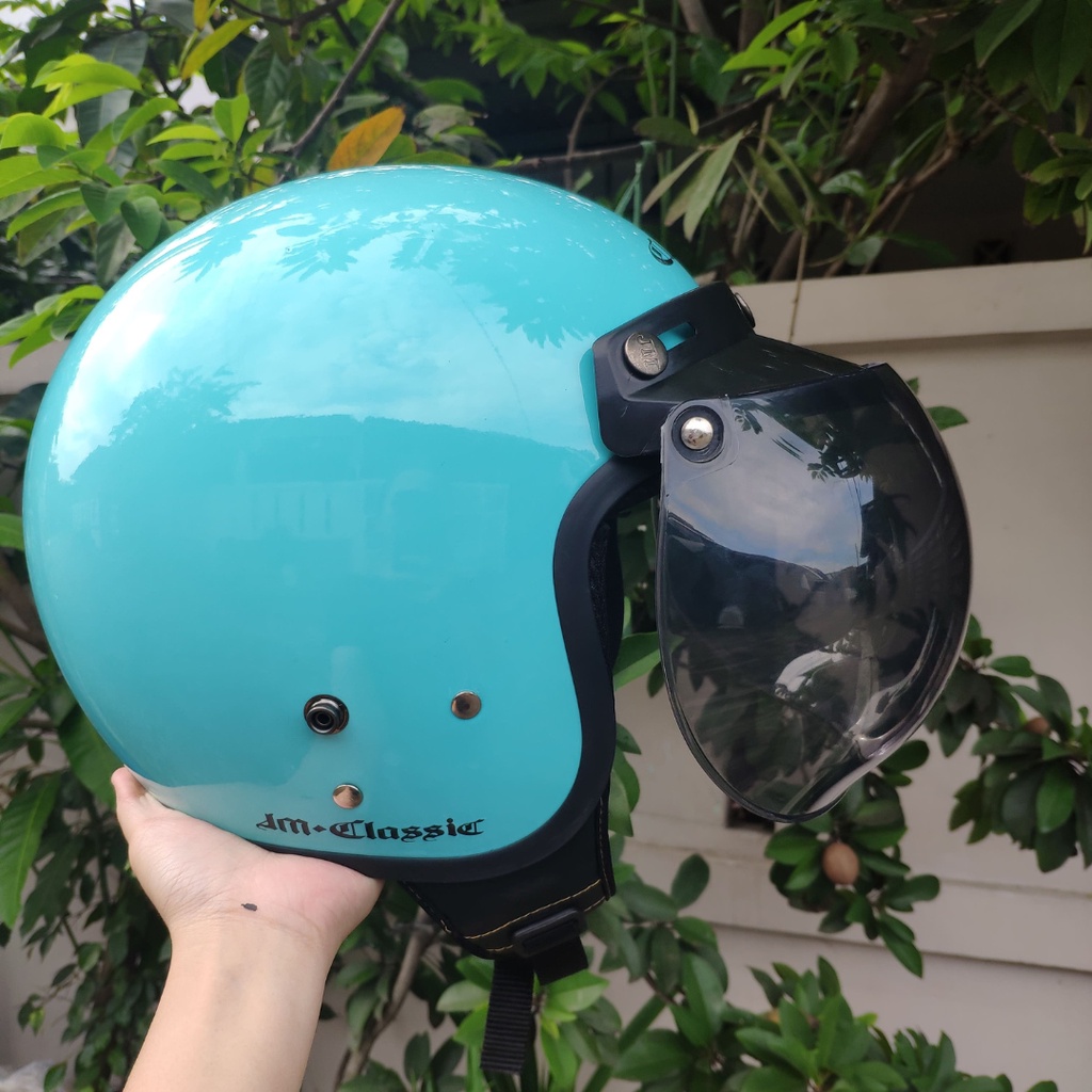 Helm Bogo Retro Classic Polos Dewasa Hijau Tosca Glossy SNI Cembung Datar