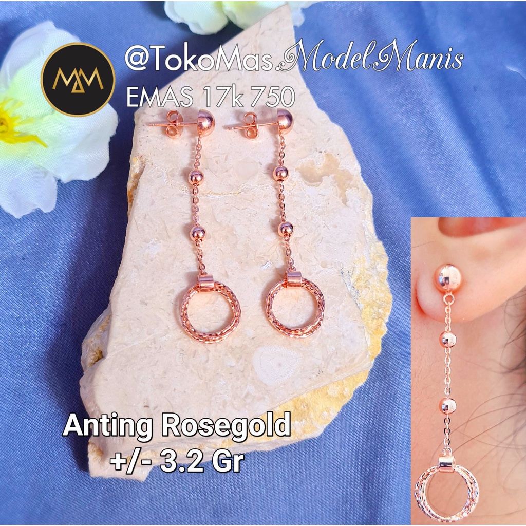 Anting tusuk panjang bola + ring emas rosegold 750 kadar 17k