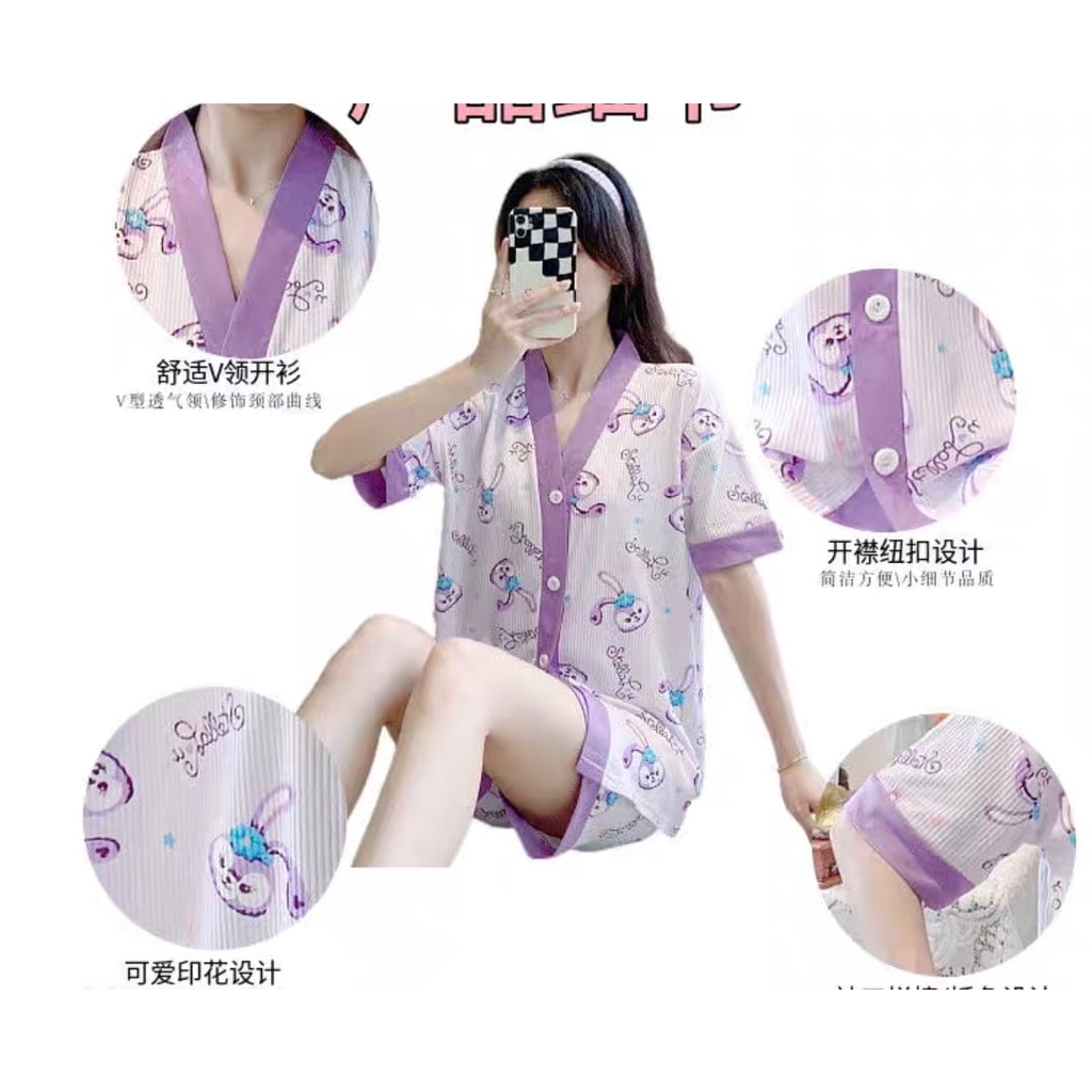 Baju tidur piyama pendek bahan kaos import kancing lima