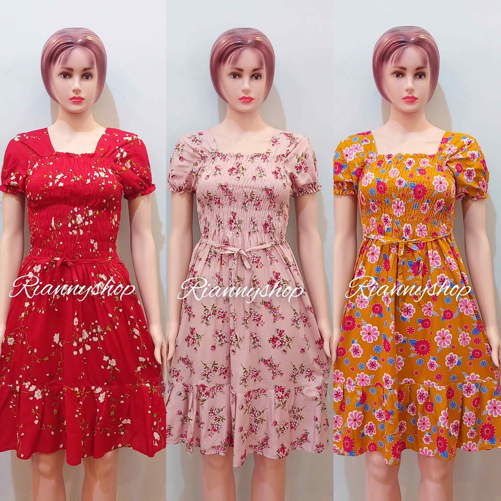 DRESS KERUT KOTAK PENDEK LENGAN KARET