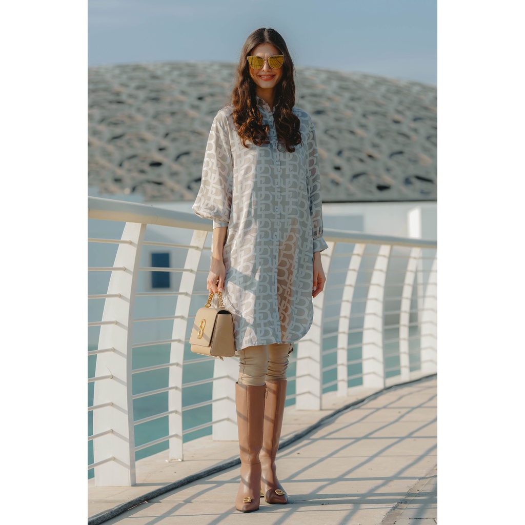 Benang Jarum Monogram Button Tab Shirt - Beige