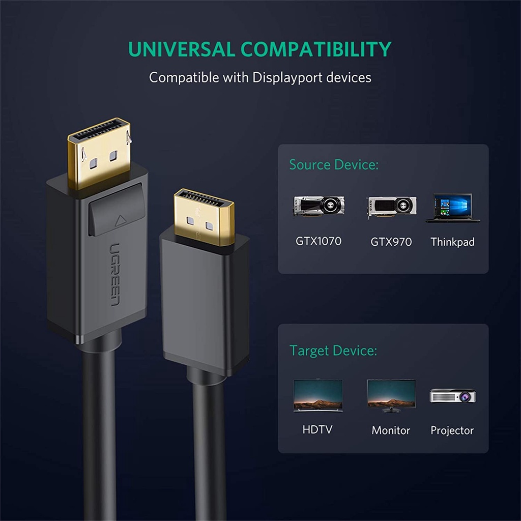 UGREEN Kabel DisplayPort DP Male To Male 2m Support 3D Full HD 8K 4K UHD