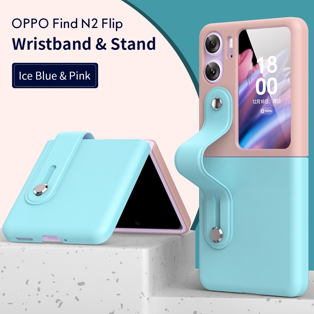 Hard Case Oppo Find N2 Flip Silikon Macaron Candy With Wristband and Stand Pegangan Tangan Elegan dengan 2 warna kontras