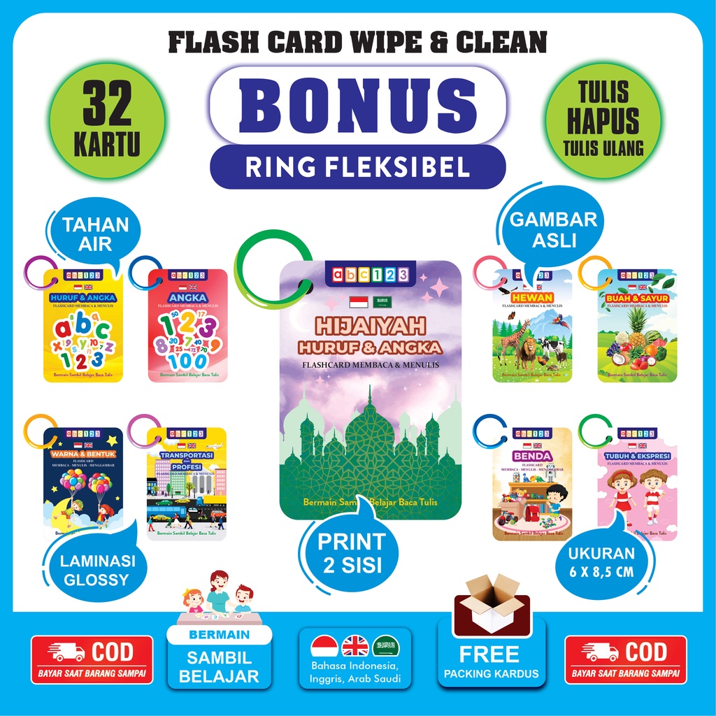 Flash Card Wipe and Clean ( BONUS RING ) Mainan Edukasi Flashcard Kartu Pintar Anak