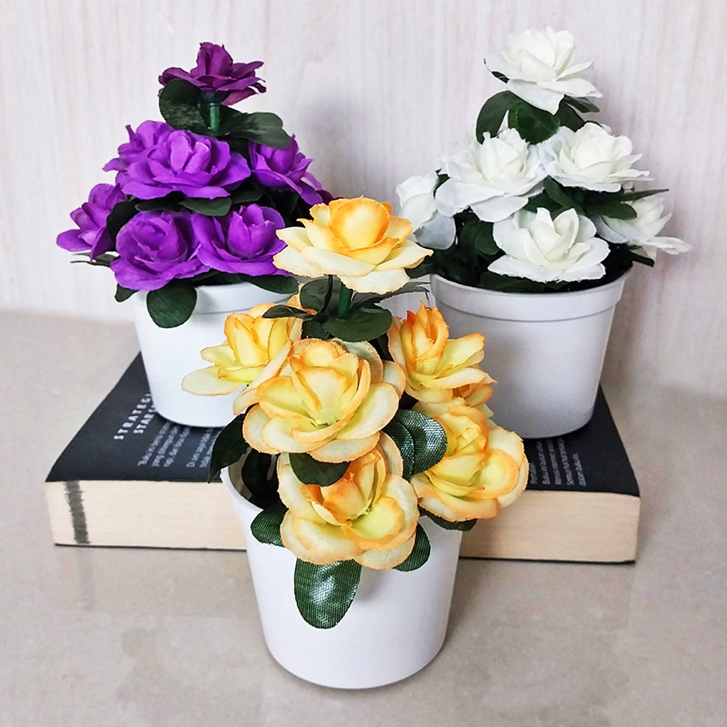 Pot Bunga Mawar Hias Plastik Mini Artifical Flower Decoration Import Tanaman Hias Palsu Cantik PBP107