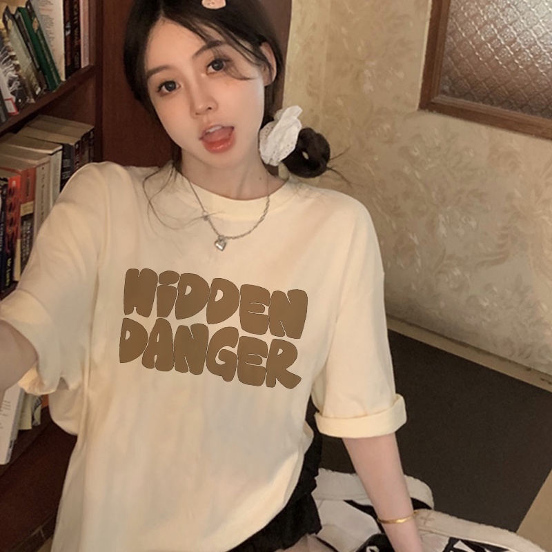 Print T-shirt Kaos Lengan Pendek Cartoon Brown Bear English Alphabet Baju Wanita Oversize Korean Style