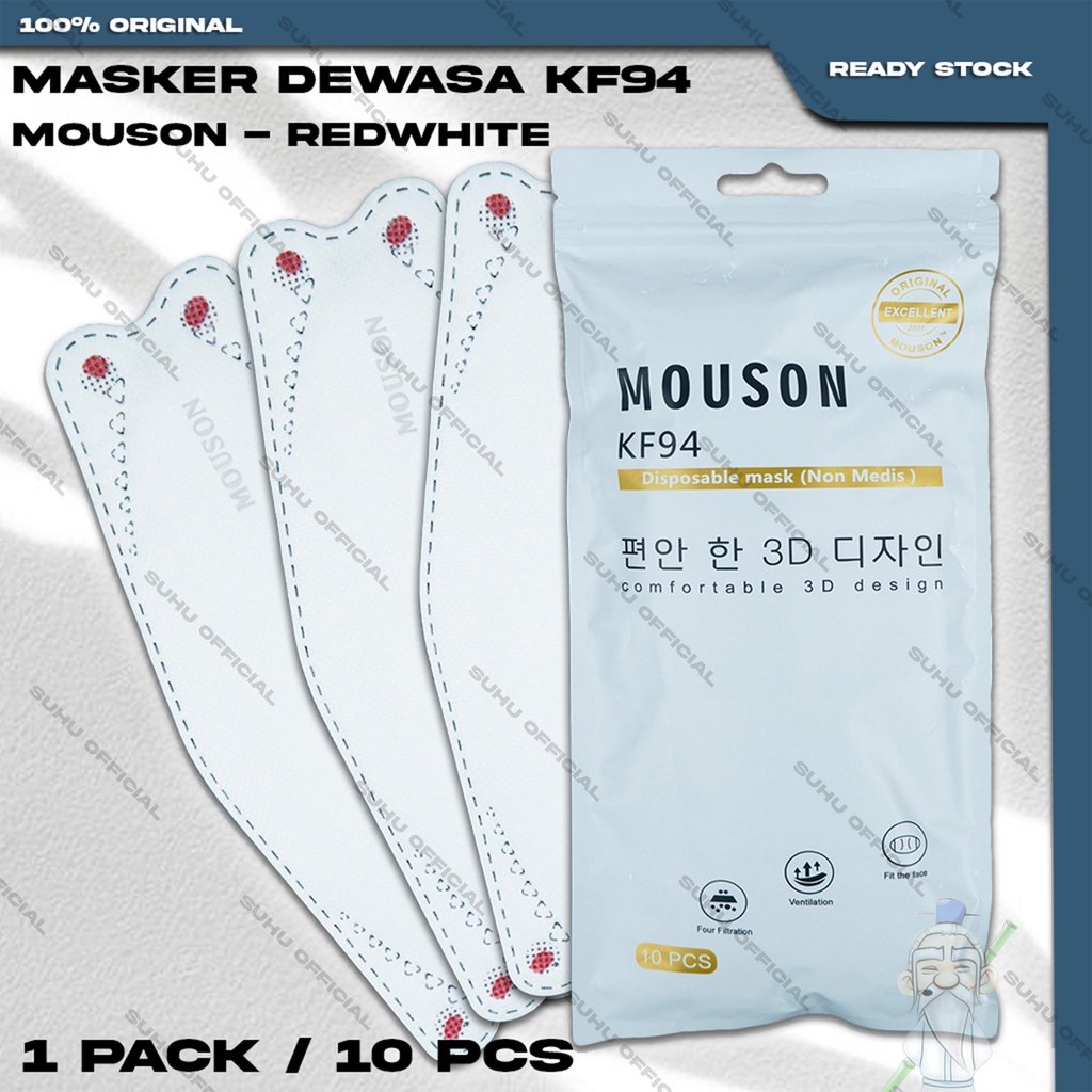 Masker KF94 MOUSON 4Ply Isi 10Pcs Red White Merah Putih Korea KF 94 4 Ply Earloop Surgical Mask Keme