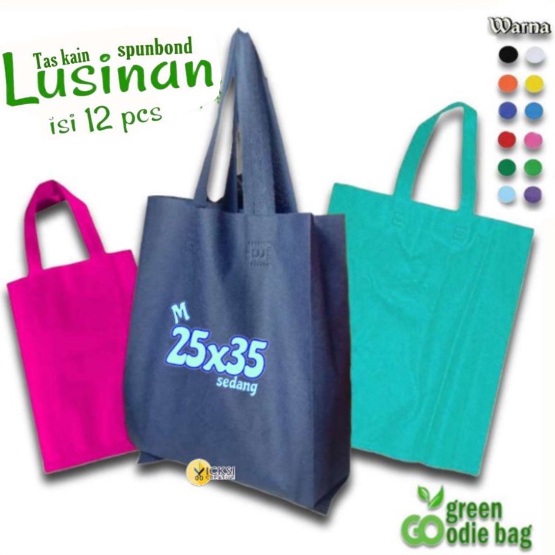 Lusinan isi 12 Tas Kain Spunbond Goodie bag Tali Polos Ukuran M= 25x35 Untuk Kantong Belanja Lipat Serbaguna, Bingkisan Sembako Goodybag Souvenir Ulang tahun Ultah / Paperbag tile pernikahan Hampers Hantaran Hajatan Tasyakuran yasinan Haul pengajian Murah