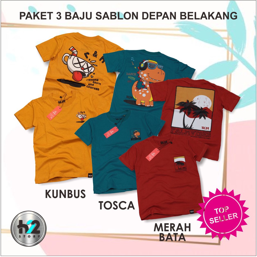 Paket 3 Kaos Anak Distro / Baju Anak Distro / Kaos Anak Distro / Atasan Anak / Bahan Cotton 30S  Kekinian By H22Story