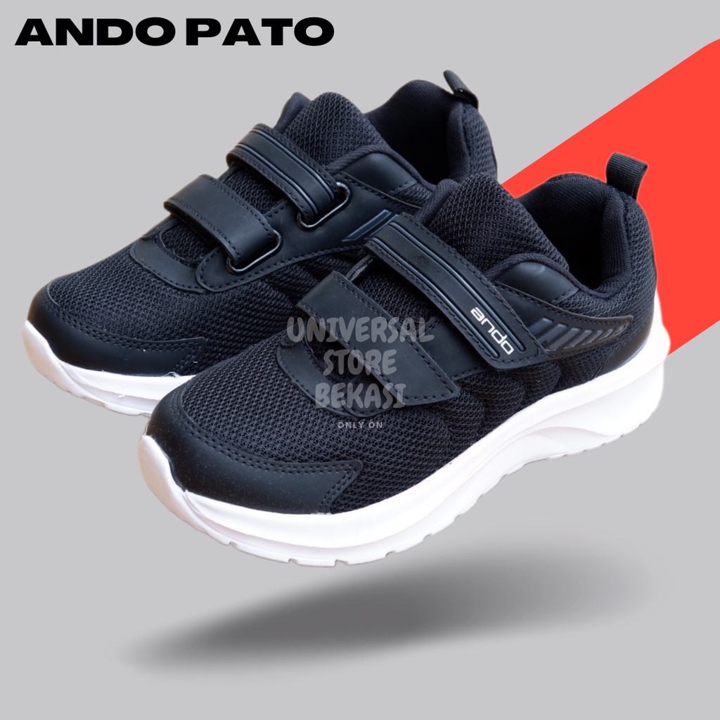 Sepatu Sekolah Anak Laki Lelaki Perempuan Ando Sneakers Hitam Putih Full Polos PAUD TK SD SMP Perekat Ringan Phylon Series