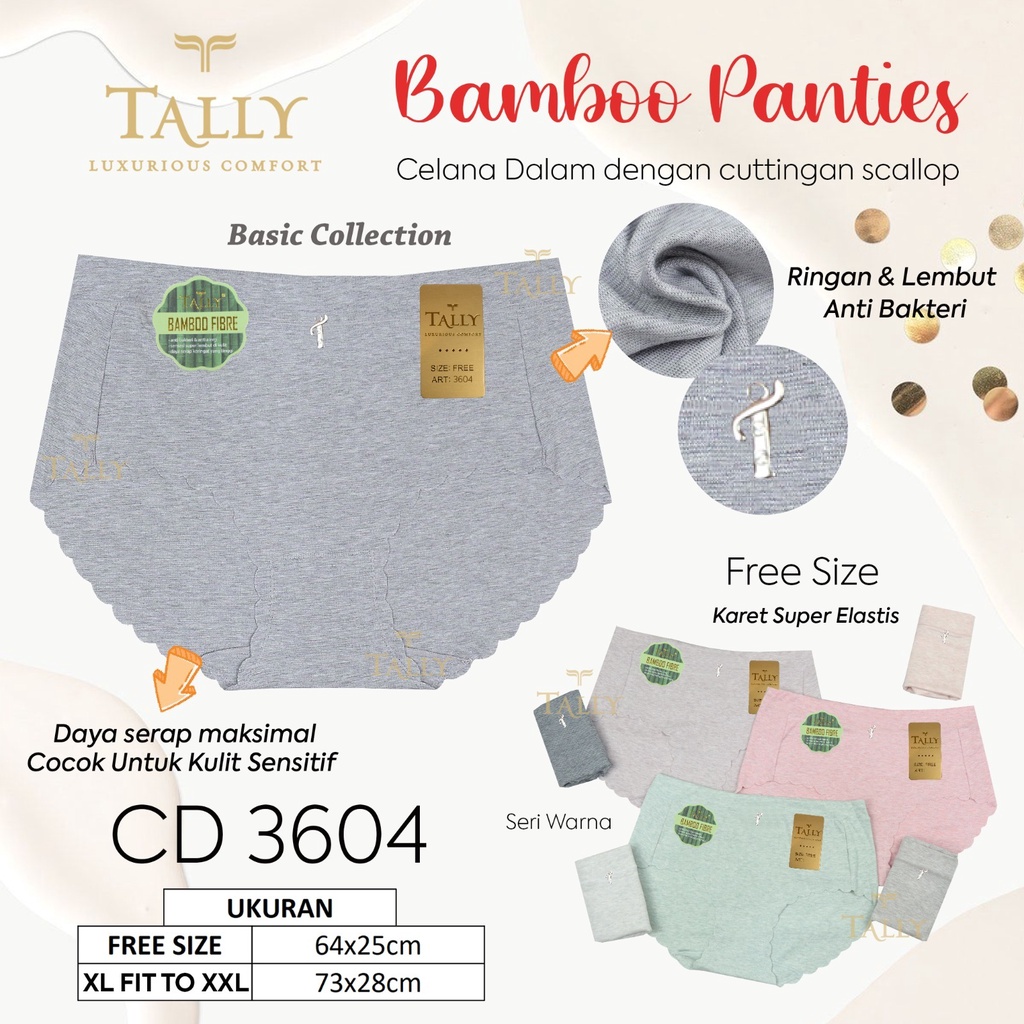 TALLY Celana Dalam Wanita Seamless Bambu Fit to L-XXL Polos Basic Anti Jiplak CD 3604 TALLY CD CELANA DALAM 3604 I FREE SIZE I FIT XXL I BAHAN KATUN BAMBOO Tally 3604 CD Celana Dalam Wanita Seamless Katun Bamboo Fit XL XXL CD SEAMLESS BAMBU TANPA JIPLAK