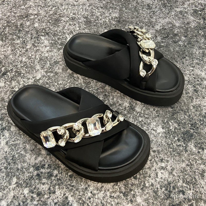 Sandal bawah tebal berlian imitasi Eropa baru sandal jepit sandal jepit ujung terbuka