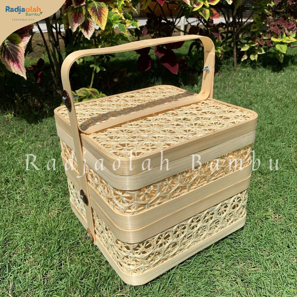 Kotak Bambu 2 Susun Motif Anyaman Trumtum | Kotak Hampers / Besek nasi / berkat / besek hajatan