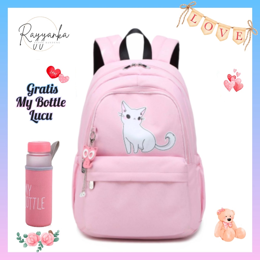 Tas Ransel Anak Perempuan Remaja Cat Korea Cute Gratis Botol Minum Sd Smp Sma