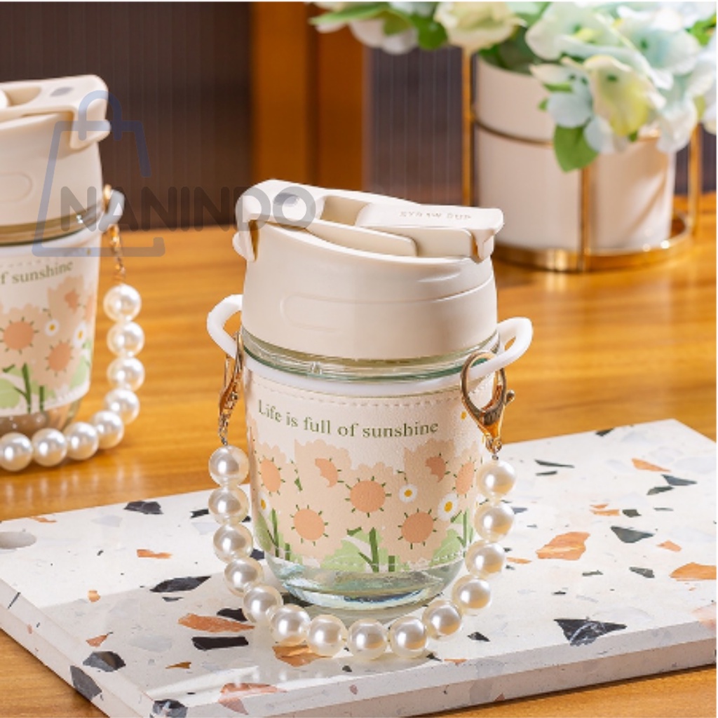 BOTOL MINUM KACA 400ML BOTOL AESTHETIC TALI MUTIARA TUMBLER KOREA BOTOL TRAVEL TALI DAN SEDOTAN