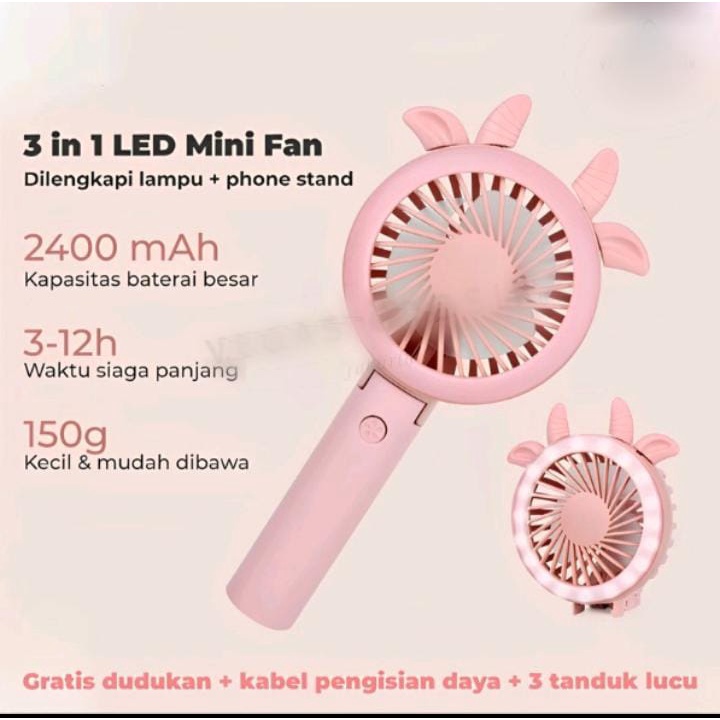 [TERBARU] KIPAS ANGIN PREMIUM 2.400MAH / KIPAS PORTABLE LED RECHARGER USB LAMPU TIDUR KIPAS