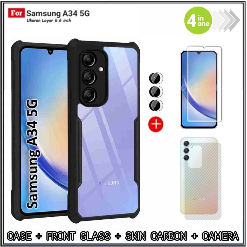 PAKET 4IN1 Case Samsung A34 5G Hard Soft Fusion Armor Shockprooft TPU HD Trasnparan Acrylic Casing HP Cover Dan Garskin + Tempered Glass + Camera DI ROMAN ACC