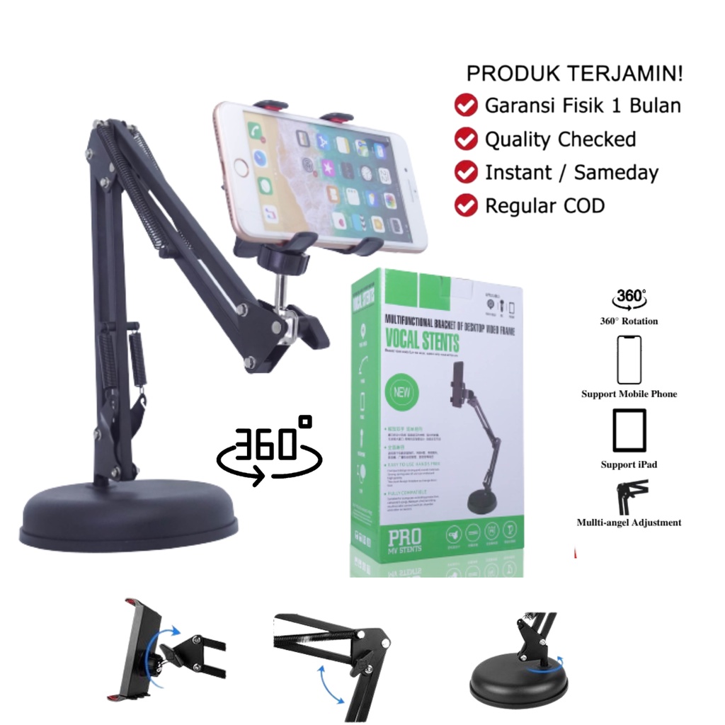 Stand Holder Hp Meja Broadcast Streaming Youtube Tiktok Vlogger Multifungsi Bracket S77 Stand HP Meja Fahrenheit Putar 360 Derajat / Holder Handphone / Dudukan HP / Stand Holding Phone Holder HP Lazypod Tablet Tripot HP