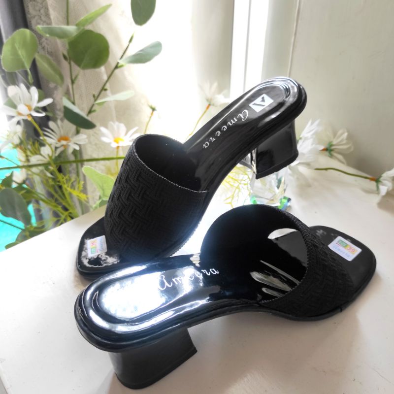 Sandal Wanita Selop Rajut Heels Terbaru Hak Tahu 5cm Kekinian