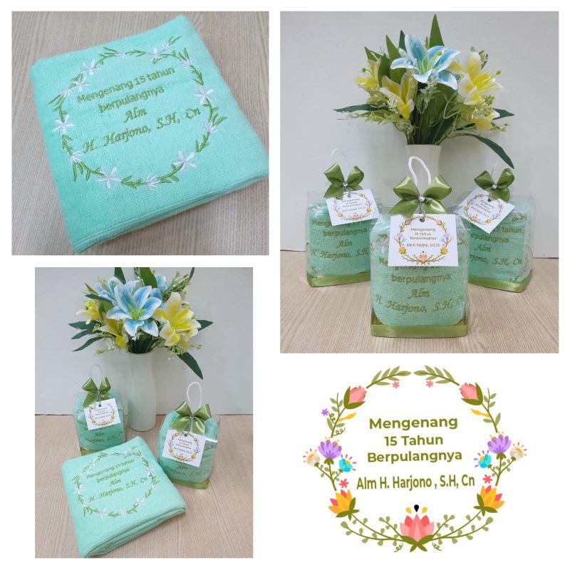 souvenir handuk bordir 50×100/hampers handuk ultah/mengenang 40 hari katolik/100 hari/aqiqah/khitana