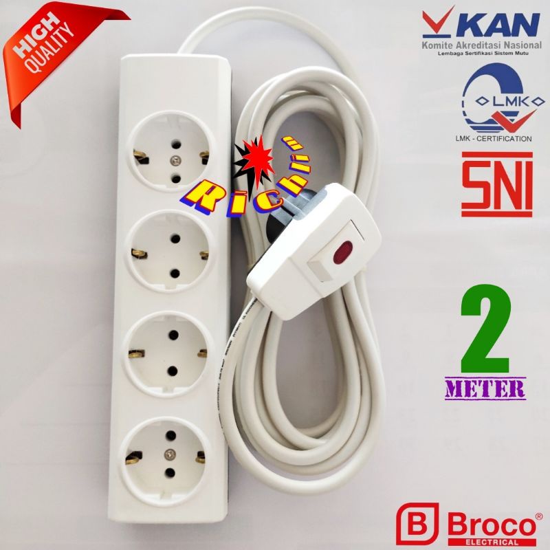 Stop Kontak Broco 4 Lubang+Steker Lampu Broco+Kabel Eterna 2x0,75 Serabut 2 Meter