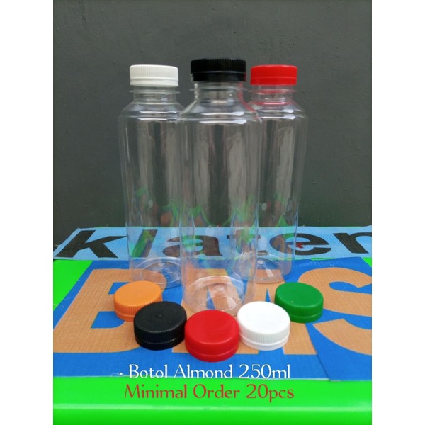 Botol Plastik 250ml, Botol Almond 250ml 14 gr cocok untuk kemasan minuman jus,jamu dll. Minimal orde