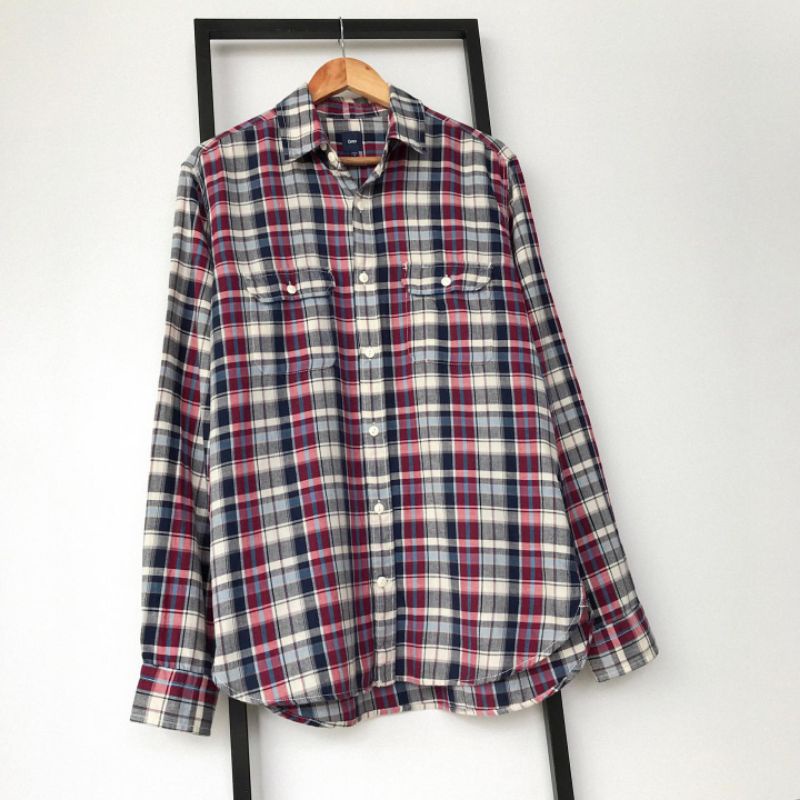 XL GAP Kemeja Flanel Original Motif Plaid Kotak Double Pocket