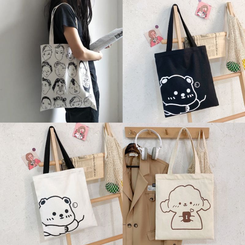 Tote Bag Tas Samping Kanvas Totebag  Karakter Kartun Lucu Wanita Fashion