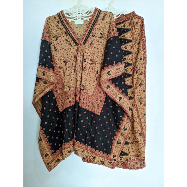 Set Atasan Bawahan Kaftan Batik Palembang Hitam Katun Cewek Wanita