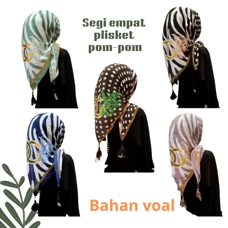 HIJAB/krudung Segi empat plisket motif jambul/ Pom pom terlaris