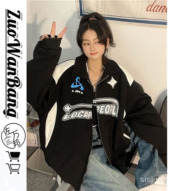 [✅BISA COD] #Sisjuly# Jaket biker wanita/sweter kardigan kerah vintage Amerika Y2K/jaket longgar gay