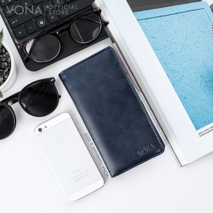 VONA Dompet Pria Panjang Kulit PU / Dompet Pria Keren - Hitam - LASER - Navy Free Ongkir