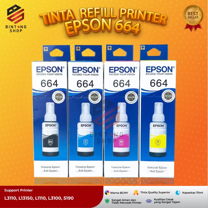 Terlaris 1Set Tinta Epson 664 For Ink Printer L120 L210 L310 L360(Botol Baru)