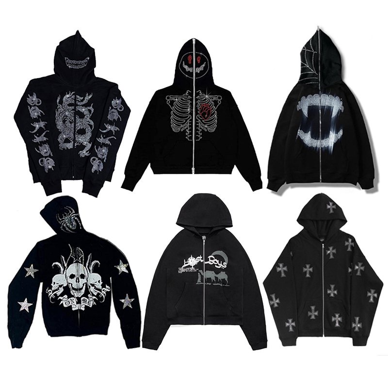 Zip Hoodie Rhinestone Skeleton Goth Sweatshirt Sport Coat Pullover Men's Gothic Long Sleeve Oversize