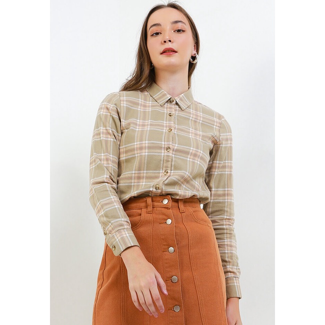 Kemeja Wanita Giordano Original Checked Cewek Smart Office Katun Women's Warmbrushed Shirt Perempuan