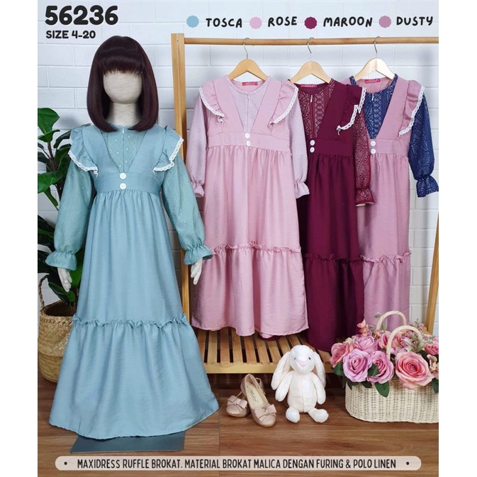 GROSIR 3PCS MAXIDRESS BROKAT RUFFLE MERK KIDS CATHERINE SZ 468 (4-6TH)