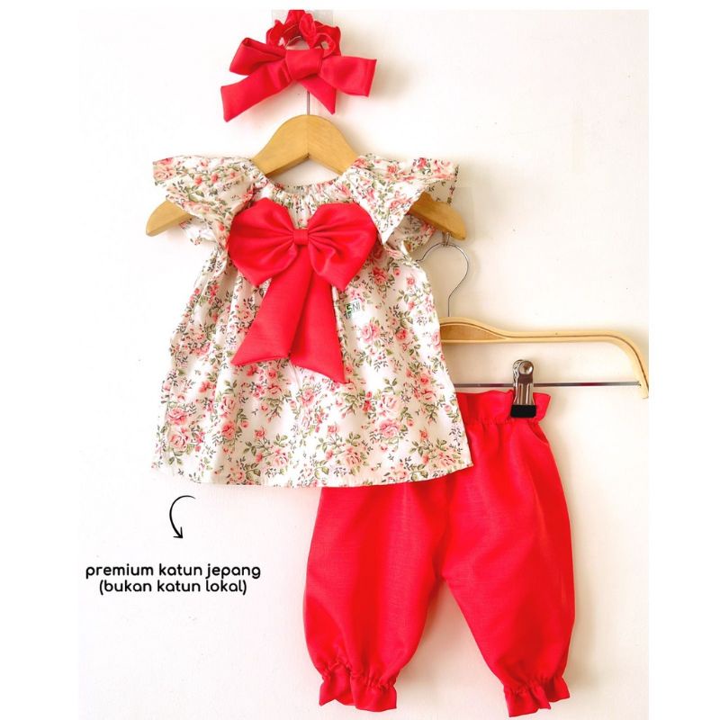 LODY  SET  baju setelan bayi perempuan bandana baju celana katun set usia 0 1 2 3 sampai 12 bulan baby