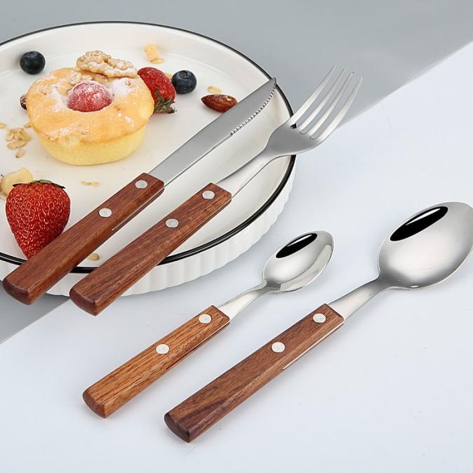 PREMIUM sendok set stainless 304 gagang kayu sendok garpu pisau steak