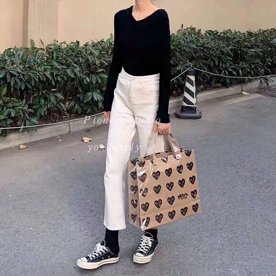 Sera trendy all-match one-shoulder heart handbag PVC transparan tas belanja kertas kraft berkapasitas besar siswa tote bag