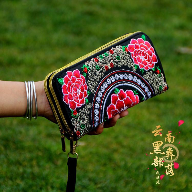 Sera Yunnan Gaya Etnik Kapasitas Besar Tas Wanita Retro Ritsleting Ganda Bordir Bunga Dompet Dompet Wanita Tangan Panjang tas