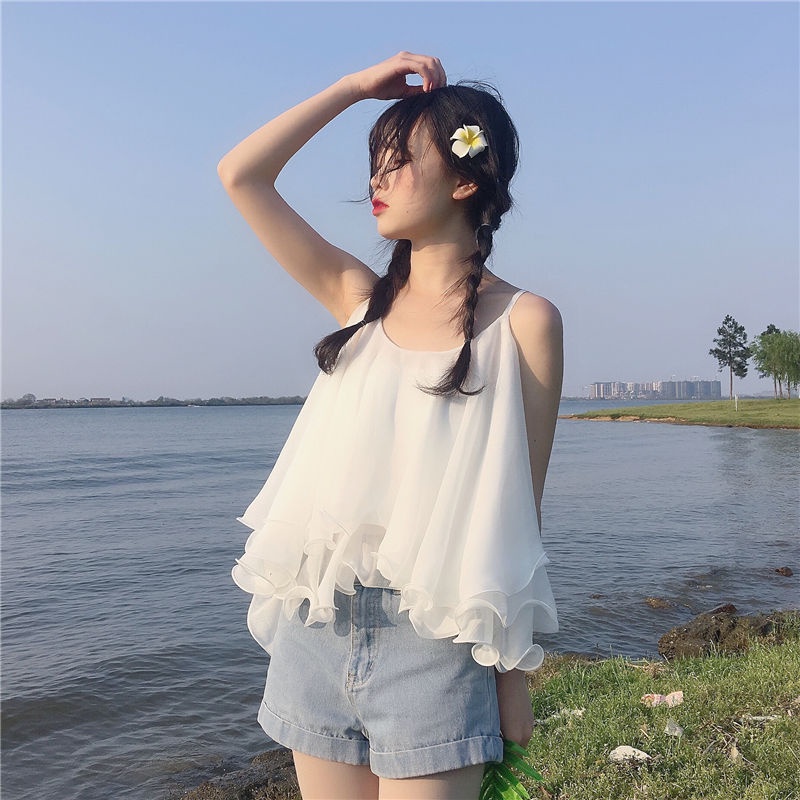 Musim Panas Sifon Kamisol Kecil Wanita Atasan Longgar Gaya Korea