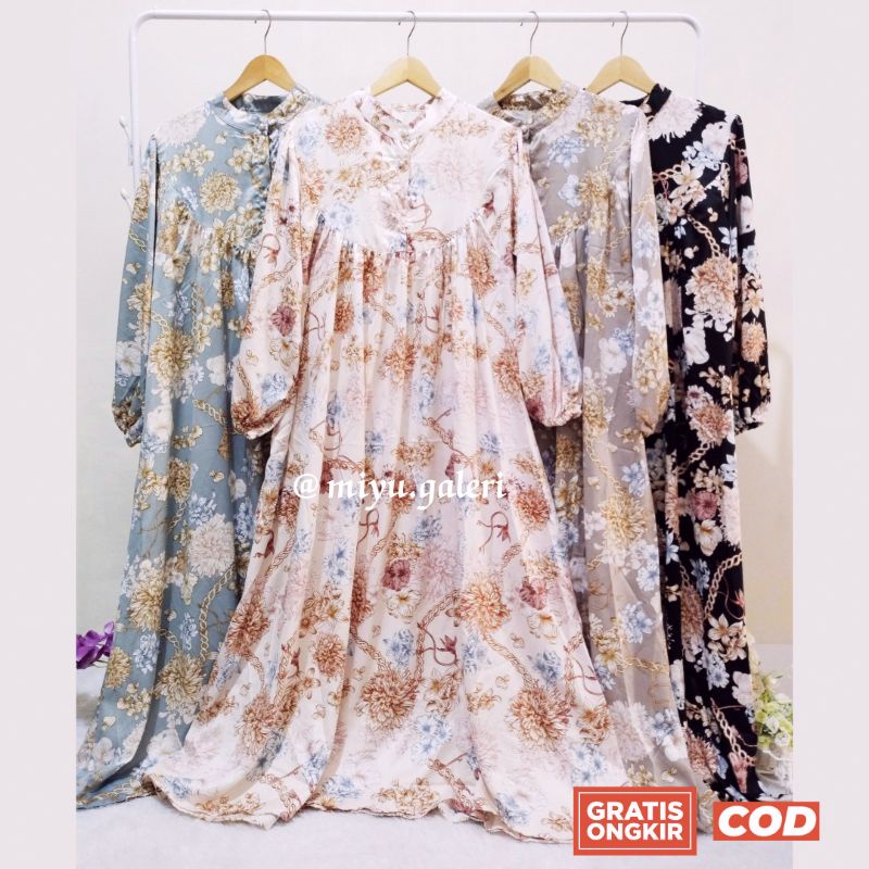 Kanaya Gamis Silk Saten Peru Premium Import Ld 120 Jumbo Lebaran Lengan Balon Gamis Satin silk motif