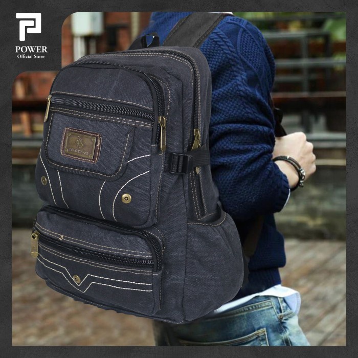 Tas ransel Ransel Pria Tas Canvas Polo Power Backpack Casual Tas Kanvas Import - Hitam, 18 inc(J8E0)