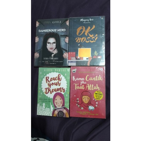 

Preloved novel 2 50.000 (Dangerous nerd, reach your dreams, ok bos, kamu cantik jika taat Allah)