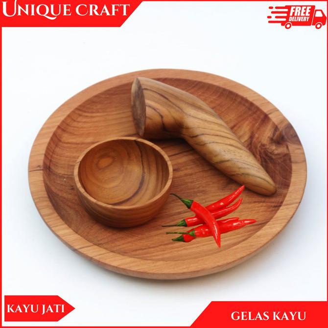 ___] Cobek Kayu Jati Set Cobek Ulekan Mangkok Sambal Kayu Jati Unique Craft